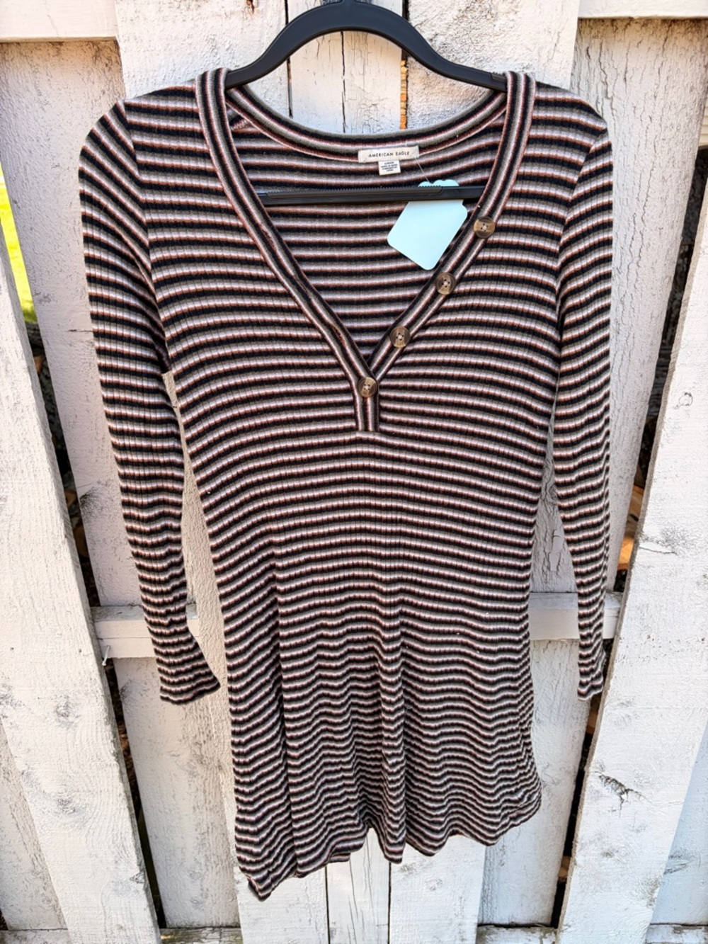 American Eagle Outfitters Gray, Black & Rust Striped Ribbed dress